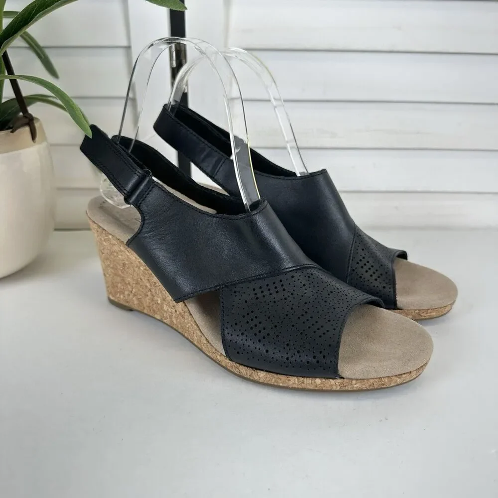 Clarks Lafley Joy Black Lasercut Cork Wedge Heel Sandal Comfort‎ Shoe Size 9 M
